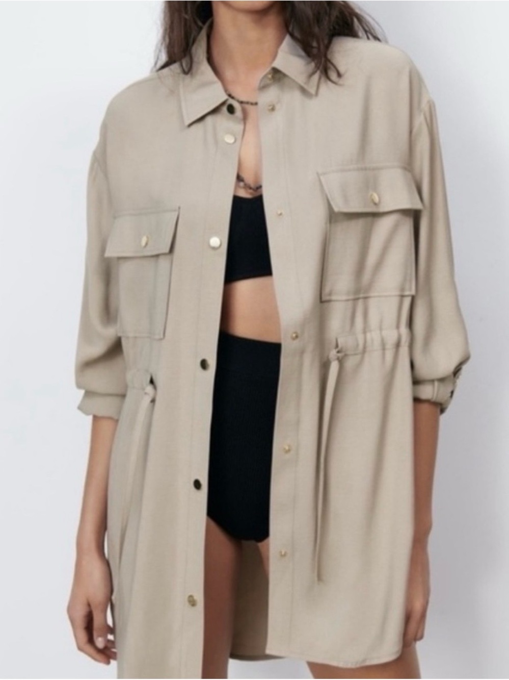 Zara Light Beige Utility Shirt Jacket with Drawstring Waist